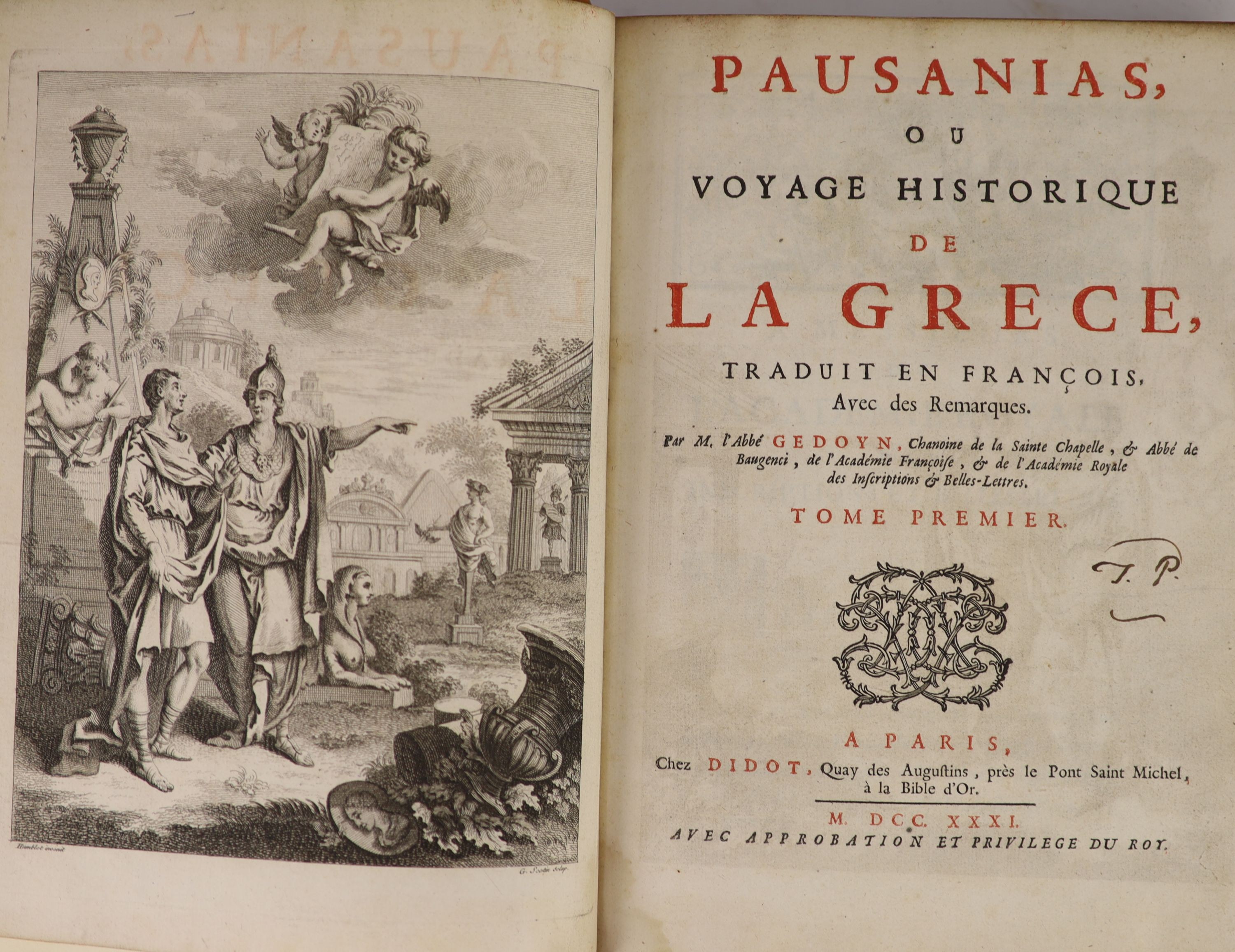 Gedoyn, M. Abbe - Pausanias, ou Voyage de La Grece, traduit en Francais ... 2 vols. 3 folded maps and 5 engraved plates (3 folded), text vignettes (etc.); newly rebound tan half